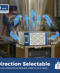 Rock Solid 360 Degree Intake Air Filtration System With 1350 CFM Vortex Fan Built Ionizer on workbench, showing airflow direction and dimensions.