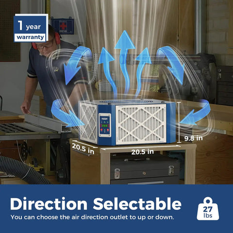 Rock Solid 360 Degree Intake Air Filtration System With 1350 CFM Vortex Fan Built Ionizer on workbench, showing airflow direction and dimensions.