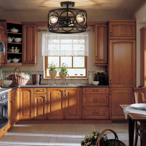 Three Light Semi Flush Mount Ceiling Fixture In Black Metal Farmhouse Chandelier in a rustic kitchen setting