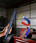Holding the magnetic rail from Heavy Duty Half Inch Deep Impact Socket Set With Magnetic Rail, 11 Piece Metric 10 To 24 Mm, in a garage.