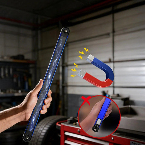 Holding the magnetic rail from Heavy Duty Half Inch Deep Impact Socket Set With Magnetic Rail, 11 Piece Metric 10 To 24 Mm, in a garage.