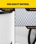 High Efficiency Replacement Cartridge Filter for 5-18 Gallon Wet Dry Shop Vacuums, showing washable pleated material and metal mesh