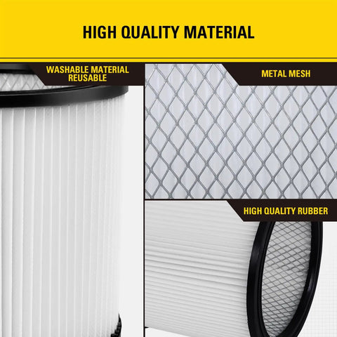 High Efficiency Replacement Cartridge Filter for 5-18 Gallon Wet Dry Shop Vacuums, showing washable pleated material and metal mesh