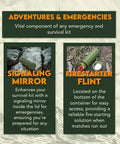 3 In 1 Green Waterproof Match Storage Box With Signaling Mirror And Firestarter Flint For Outdoor Survival Emergency Prep And Weatherproof Gear Case Ready For Any Adventure, shown open with mirror and flint details.