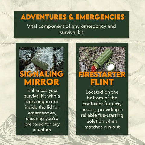 3 In 1 Green Waterproof Match Storage Box With Signaling Mirror And Firestarter Flint For Outdoor Survival Emergency Prep And Weatherproof Gear Case Ready For Any Adventure, shown open with mirror and flint details.