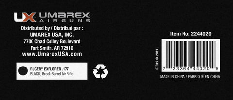 Package label for Youth Break Barrel.177 Cal Pellet Gun Air Rifle with product info and barcode.