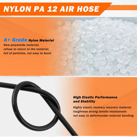 Beefed Up Air Line Kit For Air Spring Bag Suspension With Fittings, showing 30 Ft PA12 nylon hose material and flexibility