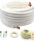 50 Ft Mini Split Line Set with One Quarter Inch and Three Eighths Inch Copper Tubing, coiled, with fittings and insulation.