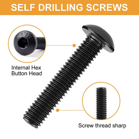 M3 Button Head Socket Cap Screw Set With Nuts And Washers, Alloy Steel, close-up of hex socket and sharp threaded screw