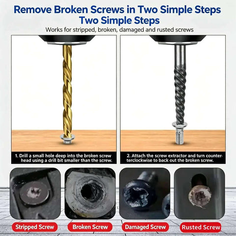 Get This Awesome 15 Piece Bolt Extractor Kit To Fix Broken Screws And Bolts Fast, Featuring Left Hand Drill Bits With Five Sizes Plus Backup Bits For Any Tough Job. Two-step screw extractor set, left-hand drill bit and extractor on broken screw