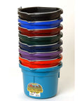 Stack of assorted colored plastic buckets with handles, including Purple 2 Gallon Heavy Duty Workhorse Plastic Buckets 2 Pack For Farm Home Laundry And Water With Flat Back Design Stacking Ribs And Easy Pour For Everyday Chores Around The House And Yard.