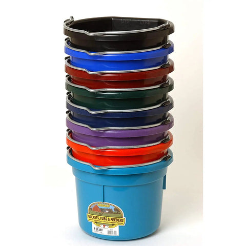 Stack of assorted colored plastic buckets with handles, including Purple 2 Gallon Heavy Duty Workhorse Plastic Buckets 2 Pack For Farm Home Laundry And Water With Flat Back Design Stacking Ribs And Easy Pour For Everyday Chores Around The House And Yard.