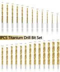 Titanium Coated HSS Twist Drill Bit Set With Hex Shank, 30 Pc, Quick Change Design, various sizes on display, for impact drills