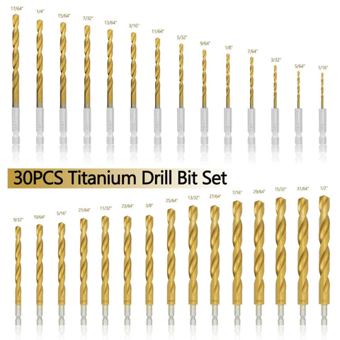 Titanium Coated HSS Twist Drill Bit Set With Hex Shank, 30 Pc, Quick Change Design, various sizes on display, for impact drills