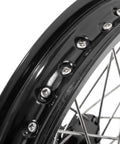 Close-up of 16 Inch Rear Spoke Wheel Hub for Sur Ron Light Bee X, anodized rim, black hub, stainless steel spokes detail