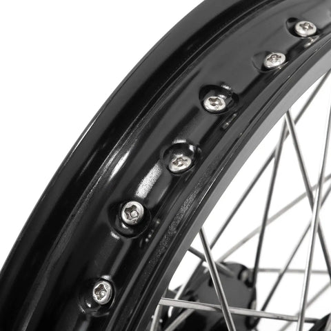 Close-up of 16 Inch Rear Spoke Wheel Hub for Sur Ron Light Bee X, anodized rim, black hub, stainless steel spokes detail