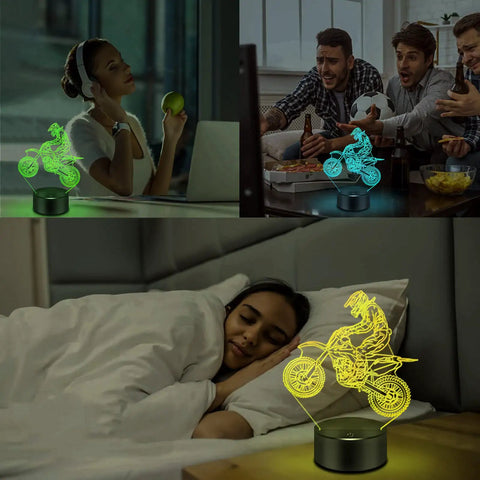 Dirt Bike 3D Night Light with 16 color LEDs, remote control motorcycle lamp in bedroom and living room settings.