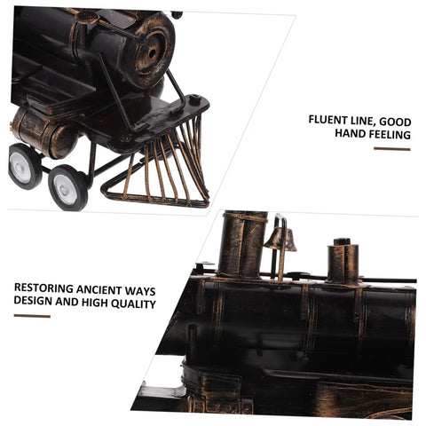 Detailed view of Locomotive Model Retro Steam Train Sculpture For Desktop Decoration showing wheels and bell design.