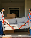 Two Person Moving Straps Kit For Heavy Duty Furniture And Appliances With Shoulder Lifting System Back Support Vest Up To 800 Lbs 120 Inch Round Sling Durable Orange Polyester in use by two people lifting a couch