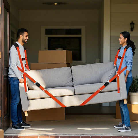 Two Person Moving Straps Kit For Heavy Duty Furniture And Appliances With Shoulder Lifting System Back Support Vest Up To 800 Lbs 120 Inch Round Sling Durable Orange Polyester in use by two people lifting a couch