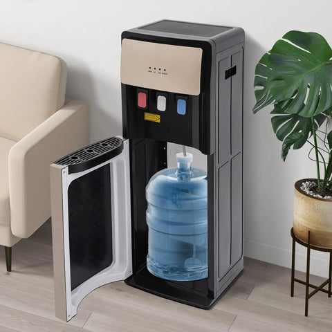 Bottom-Load Water Cooler Dispenser With Hot And Cold Water, Three Outlets, standing in a room with an open bottom section, champagne gold finish.