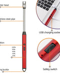 Red electric lighter with USB charging, stainless steel pipe, adjustable power, safety switch, and hang buckle.