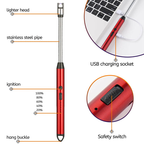 Red electric lighter with USB charging, stainless steel pipe, adjustable power, safety switch, and hang buckle.