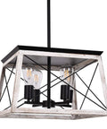 4-Light Industrial Rustic Farmhouse Pendant Light in white rectangular frame with height adjustable rods, faux wood grain finish.