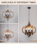 Farmhouse Wood Pendant Light With Six Candle Holders Weathered White Chandelier Cottage Chic Crown Design at different times