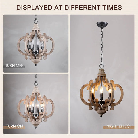 Farmhouse Wood Pendant Light With Six Candle Holders Weathered White Chandelier Cottage Chic Crown Design at different times
