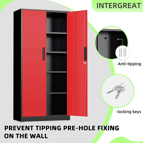 Beefy 72 Inch Heavy Duty Steel Garage Storage Cabinet With 900 Lb Capacity, 3 Point Locking System, Four Adjustable Shelves, Lockable Tall Storage for Garage Office or Warehouse, Black and Red, open with anti-tip fix