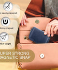 24 Sets Magnetic Snaps For Purses And Totes, 14mm Magnetic Fastener Replacement Kit shown on a brown purse, highlighting features.