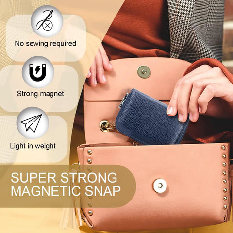 24 Sets Magnetic Snaps For Purses And Totes, 14mm Magnetic Fastener Replacement Kit shown on a brown purse, highlighting features.