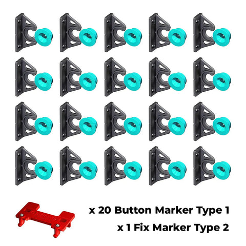 Heavy Duty Upgraded Button Fix Brackets For Dead Simple 90 Degree Panel Connections With Straight Push Quick Snap Hardware And Precision Marker Guide For No Sweat Booth Assembly, set of 20 in gray with blue markers.