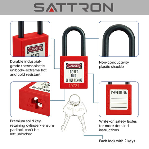 Pro Grade Lockout Tagout Padlock Kit Five Pack With Two Keys Each and Warning Labels in red non-conductive nylon