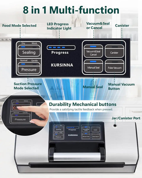 Heavy Duty Vacuum Sealer Machine With Eight In One Functions control panel with mechanical buttons and LED indicators.