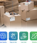 Heavy Duty Thermal Transfer Shipping Labels 2 X 1 Inches on a cardboard box with packaging tape in a warehouse setting.