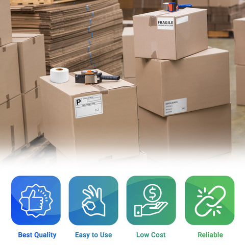 Heavy Duty Thermal Transfer Shipping Labels 2 X 1 Inches on a cardboard box with packaging tape in a warehouse setting.
