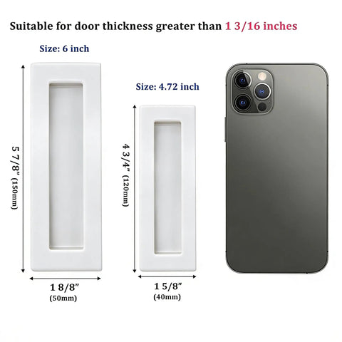 Comparison of 6 inch and 4.72 inch snow white sliding pocket door flush handles with recessed finger pulls for closet and barn doors.