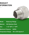 304 Stainless Steel Reducer Adapter Pipe Fitting 1 Inch NPT Male To 1-1/2 Inch NPT Female with specs displayed