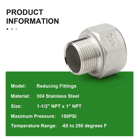 304 Stainless Steel Reducer Adapter Pipe Fitting 1 Inch NPT Male To 1-1/2 Inch NPT Female with specs displayed