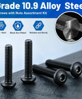Solid As A Rock Heavy Duty Metric Hex Socket Button Head Screws Assortment Kit Including A Massive 2380 Piece Set Of Grade Ten Nine Alloy Steel Machine Bolts For M2 Through M5 showcasing black zinc plated screws and nuts.