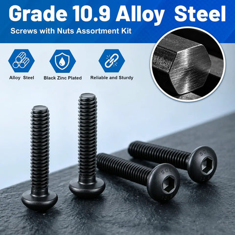 Solid As A Rock Heavy Duty Metric Hex Socket Button Head Screws Assortment Kit Including A Massive 2380 Piece Set Of Grade Ten Nine Alloy Steel Machine Bolts For M2 Through M5 showcasing black zinc plated screws and nuts.