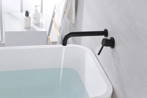 Dope Matte Black Wall Mount Tub Filler With Extra Long Spout Single Handle Bath Faucet Brass Rough In Valve Space Saving