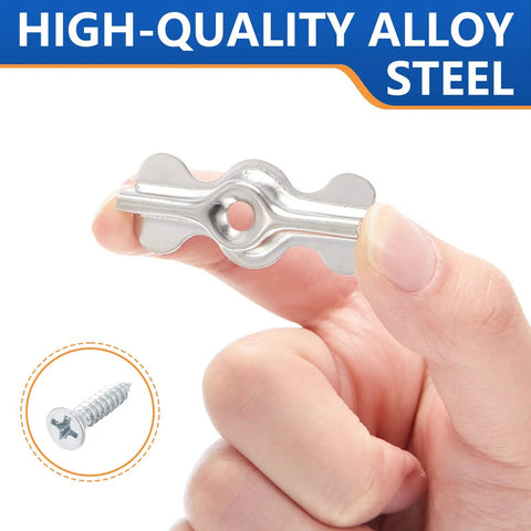 Double Wing Flush Mounting Clips With Screws Alloy Steel Recessed Trim Hardware Silver Drywall Fasteners For Wall Panels 24 Pack held in hand.