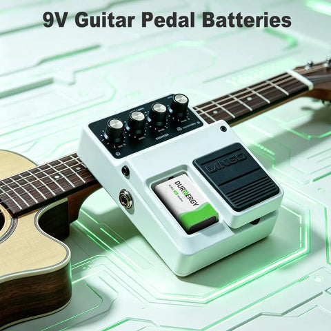 Heavy Duty 9 Volt Alkaline Batteries 8 Pack With Ten Year Shelf Life Leak Proof Design Used in guitar pedal with guitar.