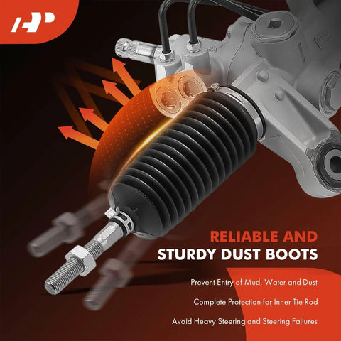 Close-up of hydraulic power steering rack and pinion for Honda Accord 2008-2012 LHD with dust boots and inner tie rods.