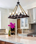 Farmhouse Iron Chandelier With Faux Wood Finish 8 Socket Rectangular Pendant Light for Kitchen Island above marble counter