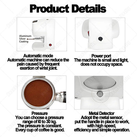 Slap That Coffee Tight With This Fully Automatic Espresso Tamper Machine Offering Adjustable 22 To 66 Lbs Pressure For Flawless Extraction And Serious Barista Cred, featuring different angles of machine details.