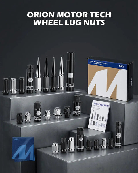 Heavy Duty M14x1.5 Lug Nuts With Sixty Degree Cone Seat And Socket Key Built Like A Tank For Trucks SUVs Upgrade Your Rig With This Sick 32 Piece Wheel Hardware Set Guaranteed To Grip Solid in a display, featuring assorted lug nut styles.